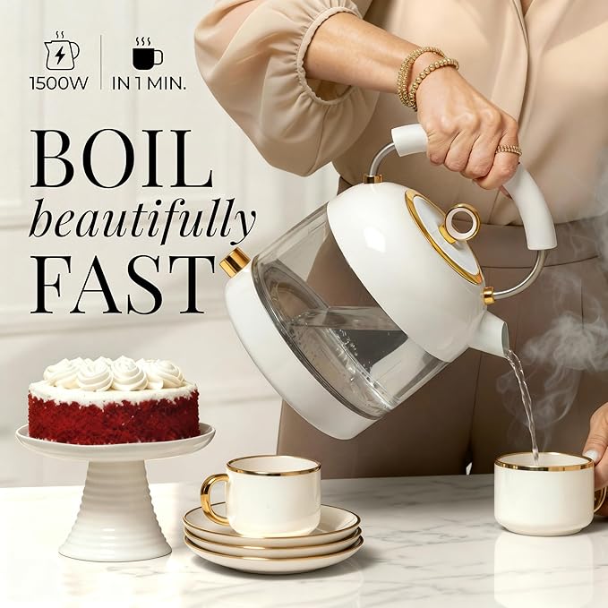 Styled Settings White Electric Kettle with Temperature Control | 1500W Fast Hot Water Boiler - White and Gold Electric Kettle with Keep Warm Function, BPA-Free Glass Body, Auto Shut-Off