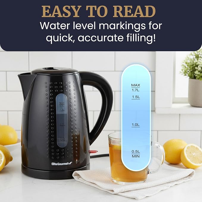 Elite Gourmet EKT5051 1.7L Electric Water Kettle, BPA-Free Fast Boil, Black | Auto Shut-Off, Boil-Dry Protection, 360° Swivel Base Cordless Serving, Clear-View Water Level Window