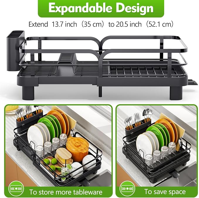 TOOLF Expandable Dish Drying Rack for Kitchen Counter, Black | Stainless Steel Dish Drainer with Drainboard Set & Cutlery Holder, Extendable 13.7“-20.5”L, Rust-Proof, Fits for 1-3 People