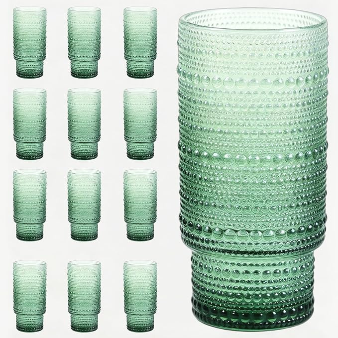 Large Capacity 16 oz Hobnail Drinking Glasses Set of 12, Vintage Glassware Drinking Glasses, Gradual Green Water Glasses Tumbler, Cups for Kitchen, Juice, Beer, Cocktail
