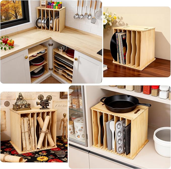 6 Tier Wooden Tray Dividers for Cabinets, Cookie Sheet Organizer 15.7" W x 16.5" H x 12.6" D Baking Sheets, Pans and Cutting Boards Organizer for Kitchen Cabinets or Countertop