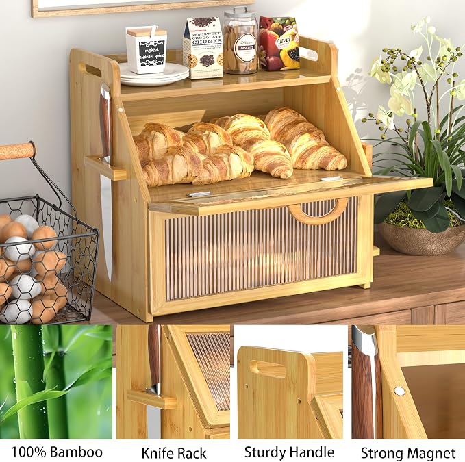 Bread Box for Kitchen Countertop, Large Bread Storage Container for Homemade Bread, Wooden Farmhouse Breadbox Organizers, Double Layer Bread Bin with Acrylic Window Bread Holder, Brown