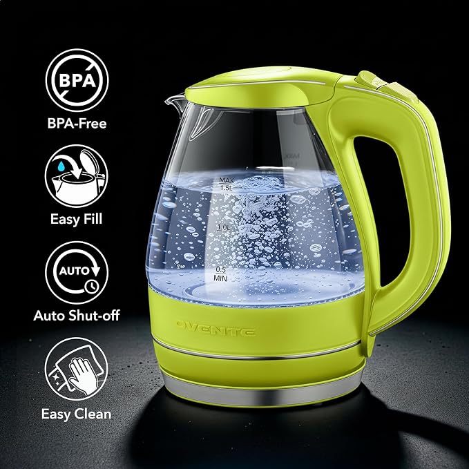 OVENTE 1.5L Glass Electric Kettle Water Boiler, Green KG83G | 1100W Fast Boiling, Borosilicate Glass, BPA-Free, Blue LED, Auto Shut-Off, Boil-Dry Protection, Removable Filter, 360° Base