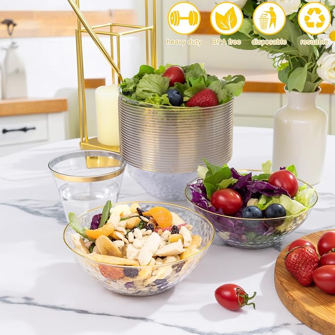 30 Pack 12 Ounce Clear Plastic Bowls Serving Bowls Hammered with Gold Rimmed, Heavy Duty Disposable Bowl Set,Small Bowl for Wedding & Party