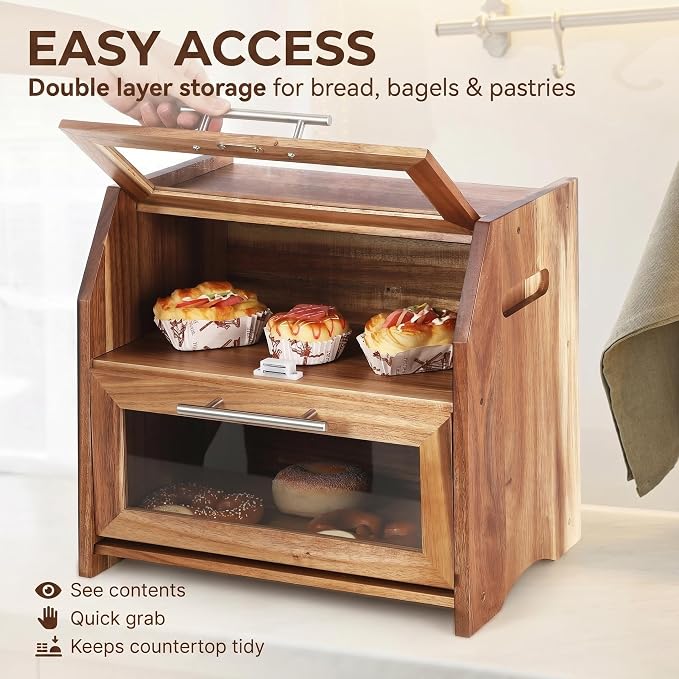 Garvee Acacia Wood Double Layer Bread Box, Clear Acrylic Door | Ventilation Design, Compact Countertop Organizer, Farmhouse/Country/Modern Kitchen Decor Styles