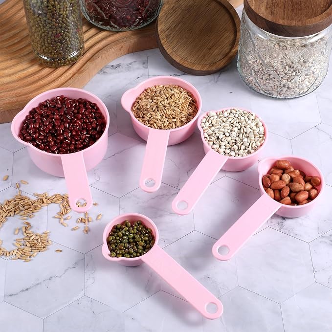 11Pcs Measuring Cups Pink Plastic Measuring Cup and Spoons, 5 Cups & 6 Spoons Set Kitchen Cup and Spoon Essentials Gadgets for Cooking & Baking Color Pink
