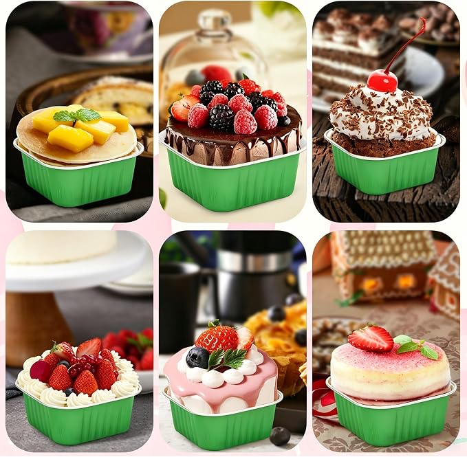 30Pack 5oz Green Mini Cake Pans with Lids Baking Cups Aluminum Foil Pans Tins, Individual Dessert Cups Containers for Sales,Party,Picnics