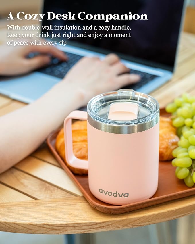 12oz Insulated Coffee Mug with Lid – Includes Two Lids, Stainless Steel Coffee Travel Mug with Handle, Double Wall Vacuum Insulated Camping Mug for Home, Office & Outdoor, Light Pink