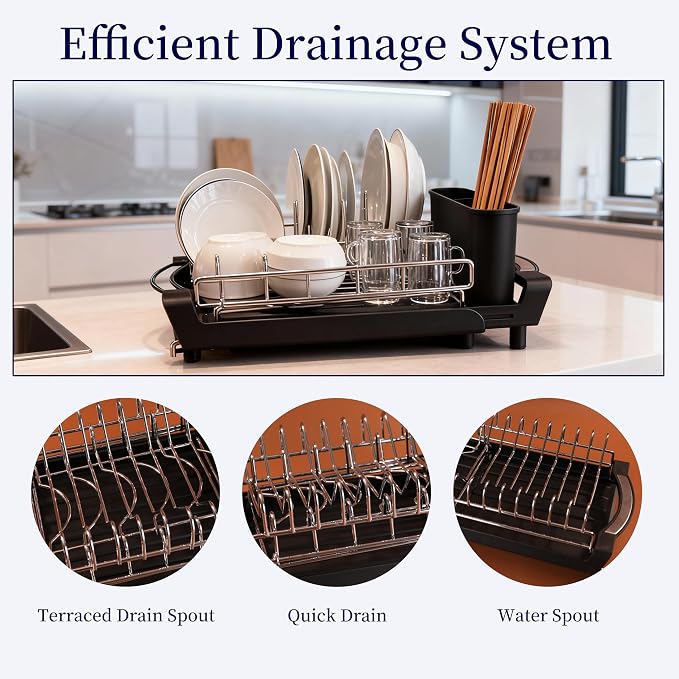 Dish Drying Rack Compact Expandable Double-Decker: Stainless, Rust-Proof, fits Kitchens/Apartments, extends 11.42"-19.9" (Black).