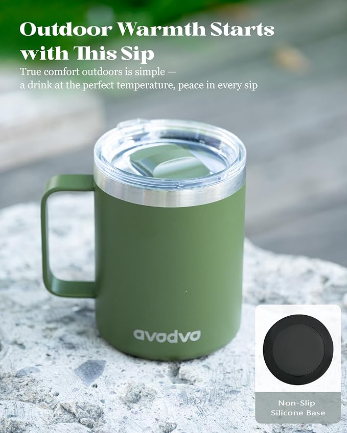 12oz Insulated Coffee Mug with Lid – Includes Two Lids, Stainless Steel Coffee Travel Mug with Handle, Double Wall Vacuum Insulated Camping Mug for Home, Office & Outdoor, Army Green