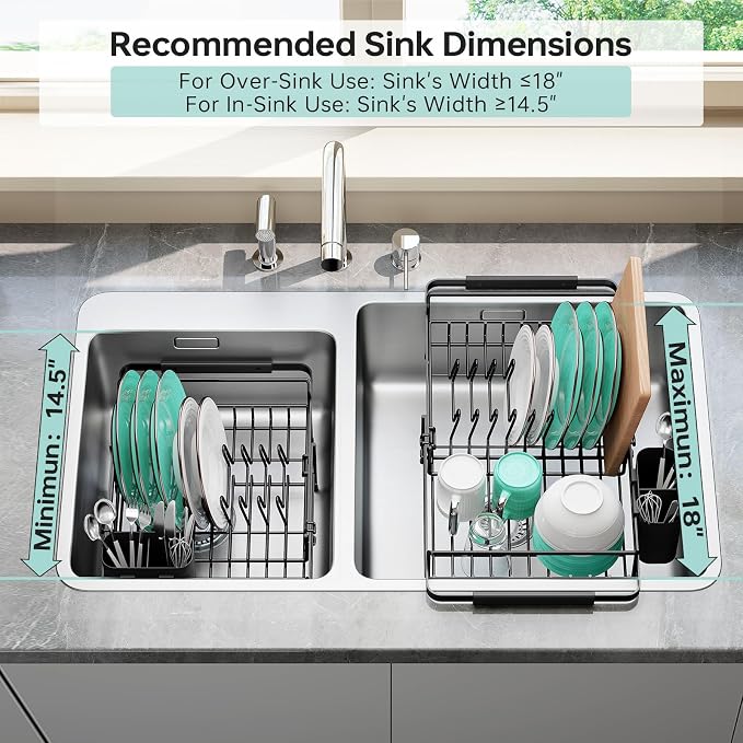 Urackify Expandable in-Sink or Over-Sink Dish Drying Rack, 14.5"-18", Black | Stainless Steel, Fits Most Sinks, Rust-Resistant, Space-Saving, Removable Utensil Holder