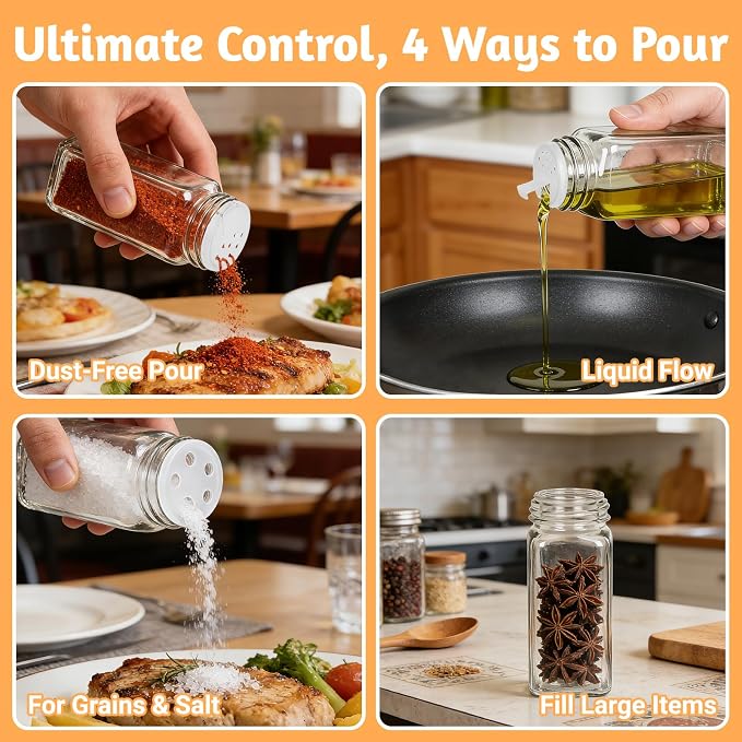 24 Pack Glass Spice Jars with Labels, 4oz Spice Containers with Black Lids | Includes 249 Labels, Metal Funnel, Extra Shaker Lids & Stirring Stick for Kitchen Seasoning Organization