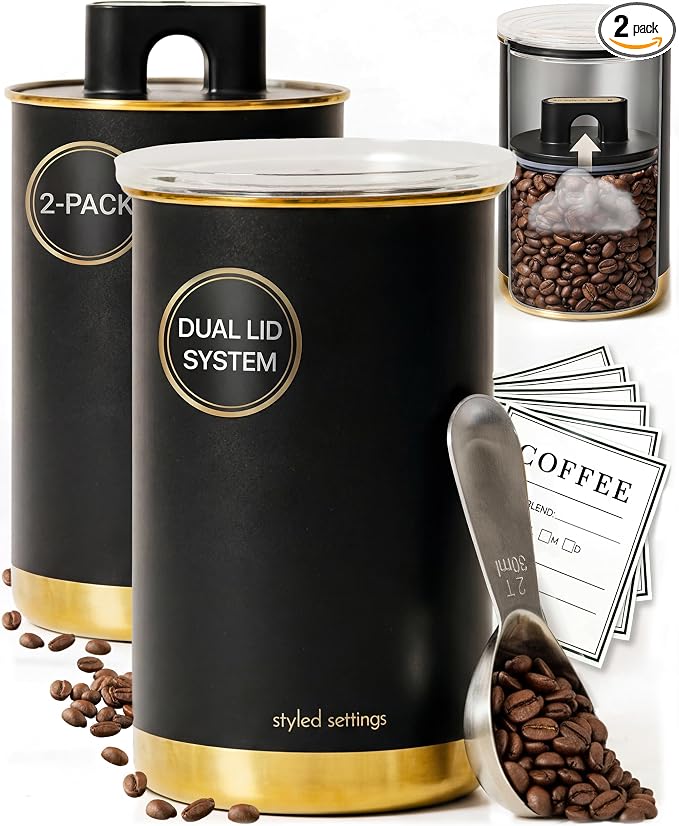 STYLED SETTINGS Coffee Bar Canisters Set of 2, 2-Piece, Black and Gold | Stainless Steel, BPA Free, Food Grade, Airtight, Vacuum Effect, Dual Lid