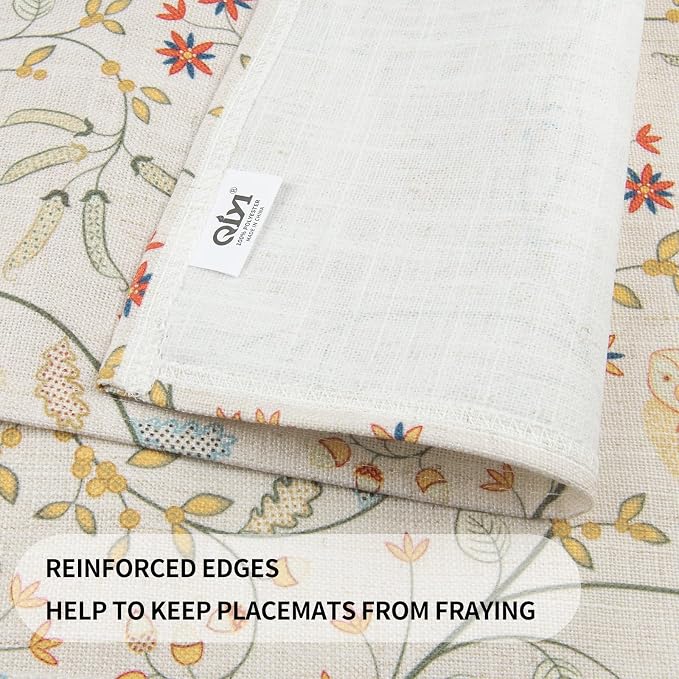 QIYI Boho Table Placemats Set of 6, 12"x18" Linen Place Mats, Forest Birds | Fabric Place Mats for Kitchen Dinning, Farmhouse Rustic Cloth Table Mats, Washable Placemat Party Table Décor