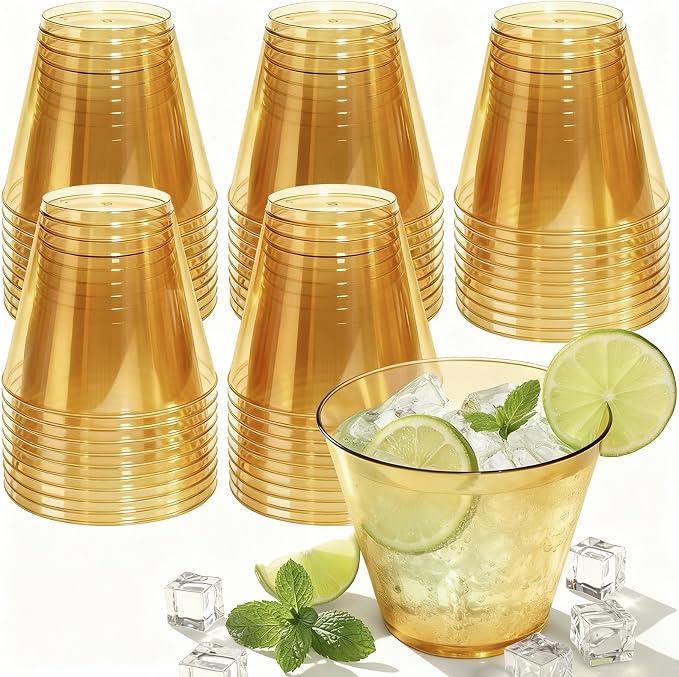 Glowserve 9 OZ Gold Disposable Plastic Cups Cocktail Cup 150 Pack | Fancy Cocktail Cup,Stemless Wine Glass,Wedding Wine Glasses,Graduation Birthday,World Cup,Party Essentials