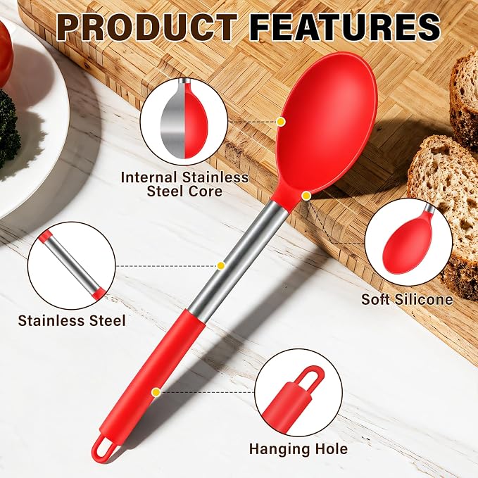 3Pcs Silicone Cooking Spoon Set, Kitchen Utensils Include Solid & Slotted Spoon, Soup Ladle, Food-Grade Heat Resistant 446°F, Non-Scratch Spoons for Serving, Stirring, Draining, Dishwasher Safe, Red