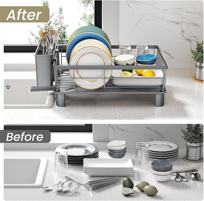 SNTD Dish Drying Rack for Small Kitchen Counter, 11" W x 15" L, Grey | Space Saving, Rotating Spout & Angled Drainboard for Quick Drainage, Stainless Steel, Removable Utensil Holder