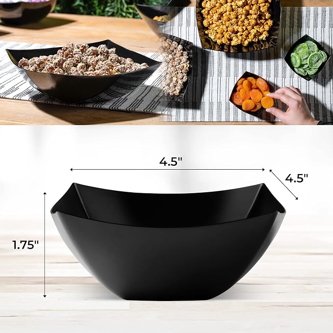 4 Pack Disposable Black Plastic Serving Bowls Square Party Candy Use 8oz | Square Design. Disposable Party Tableware. Salad, Fruit & Candy Use. Candy Buffet Containers. Black Plastic.