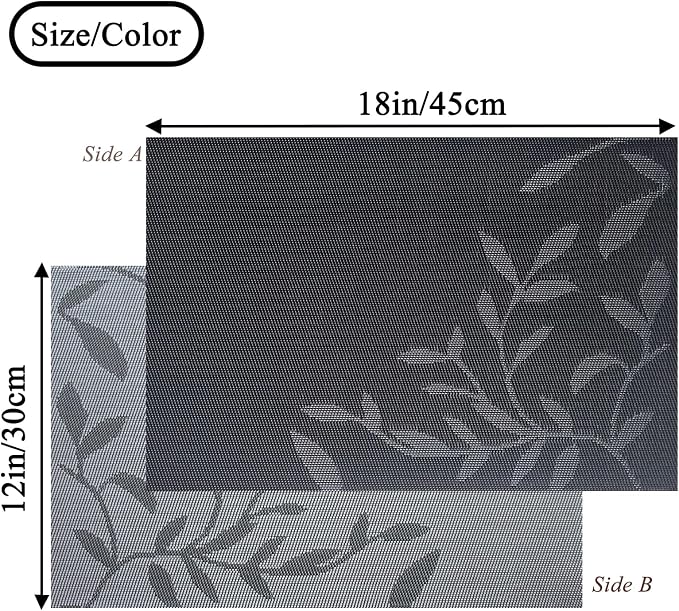 Leaf Placemats Set of 4 Non-Slip Heat-Resistant Vinyl Washable Place Mats for Kitchen Table Indoor Outdoor Durable (18"x12", Black)