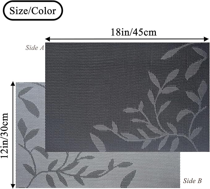 Leaf Placemats Set of 8 Non-Slip Heat-Resistant Vinyl Washable Place Mats for Kitchen Table Indoor Outdoor Durable (18"x12", Black)