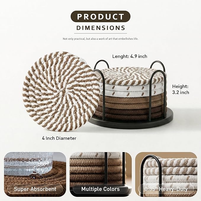 Lazebox Coasters Set of 8 for Drinks, 4 Inch Large Coasters for Coffee Table, Tabletop Protection for Hot & Cold Drinks, Versatile Coasters for Home Decor, Non-Slip & Easy to Clean, Brown