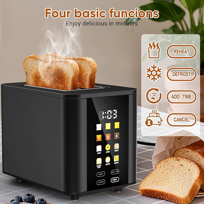 Touch Screen Toaster 2 Slice Black Toaster with Digital Countdown Wide Slot LCD Display 2 Slice Toasters Smart Toasters 6 Shade Settings 6 Bread Type with Reheat/Add Time/Defrost/Cancel Function