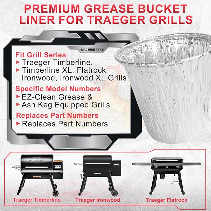 BAC608 Grease Bucket Liner for Traeger Timberline/Ironwood/Flatrock Grills | Fits Traeger timberline/timberline XL, lronwood/lronwood XL accessories, heat-resistant aluminum foil drip tray liner 30 pack