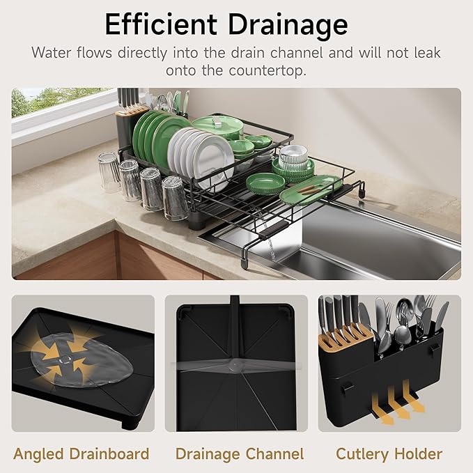 Runnatal Dish Drying Rack - Expandable Large Dish Rack Over Sink | Drying Dish Drainer for Kitchen Counter, Stainless Steel Dish Strainer with Utensil Holder & Cup Holder, Black
