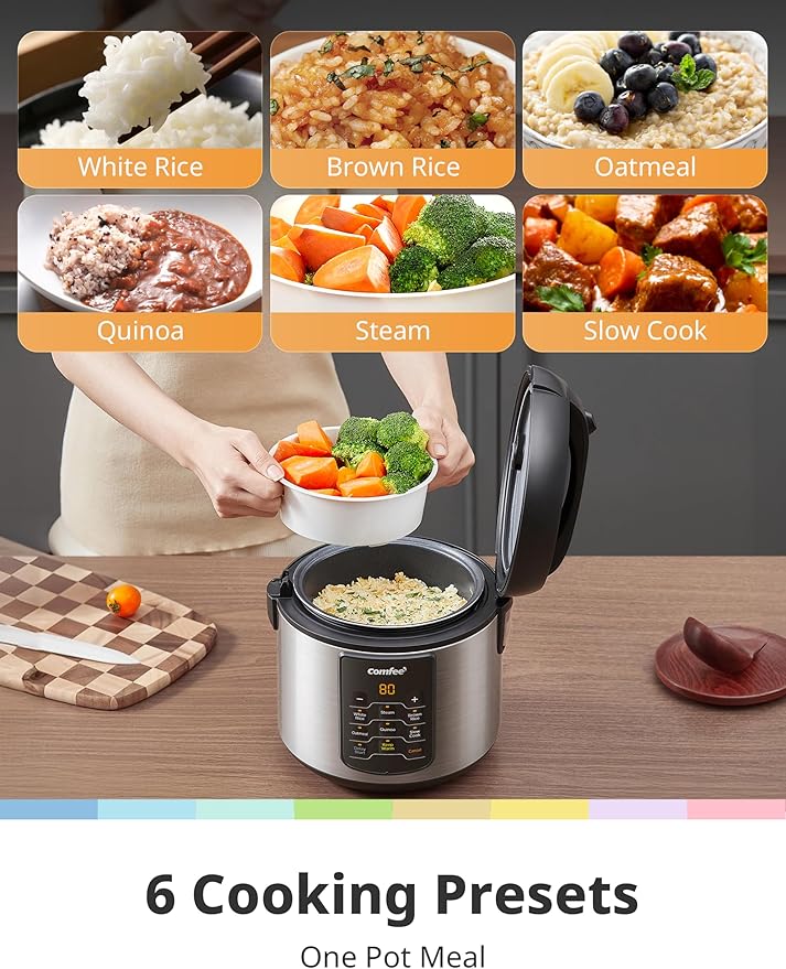 COMFEE' Rice Cooker with 6 Functions, 4-Cups Uncooked Rice | multi cooker, slow cook, steam, saute, warm, 6 one-touch programs for brown rice, quinoa and oatmeal