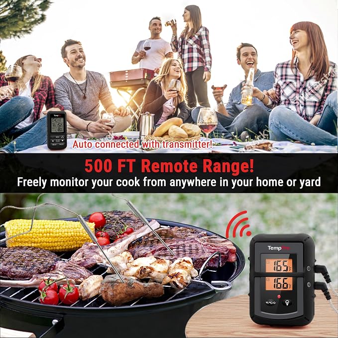 TempPro TempSync 500FT Wireless Meat Thermometer for Grilling and Smoking | RF Technology, 2 Probes, Alarms, Large Backlit LCD Display, Smoker BBQ Kitchen Food Thermometer for Meat Turkey Cooking Gift