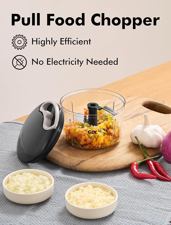 GDL Food Chopper, Vegetable Chopper, Pull String Onion Chopper Dicer, 800ML | Manual Chopper Dicer for Oinon, Garlic, Nut, 420 Stainless Steel Blade, Dishwasher Safe, Fast Cutting, Anti-Slip Base, No BPA