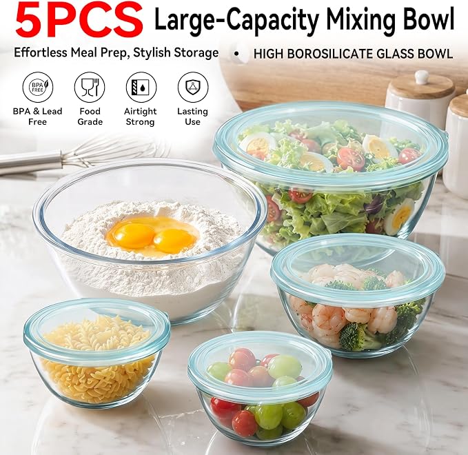 YUANYE 5 Pack Glass Mixing Bowls with Lids Set (5QT/2.5/1.5/0.9/0.6QT), Thick Glass Large Salad Bowl Set, Nesting Kitchen Bowls for Serving,Prepping,Cooking and Baking,Dishwasher,Oven,Microwave Safe