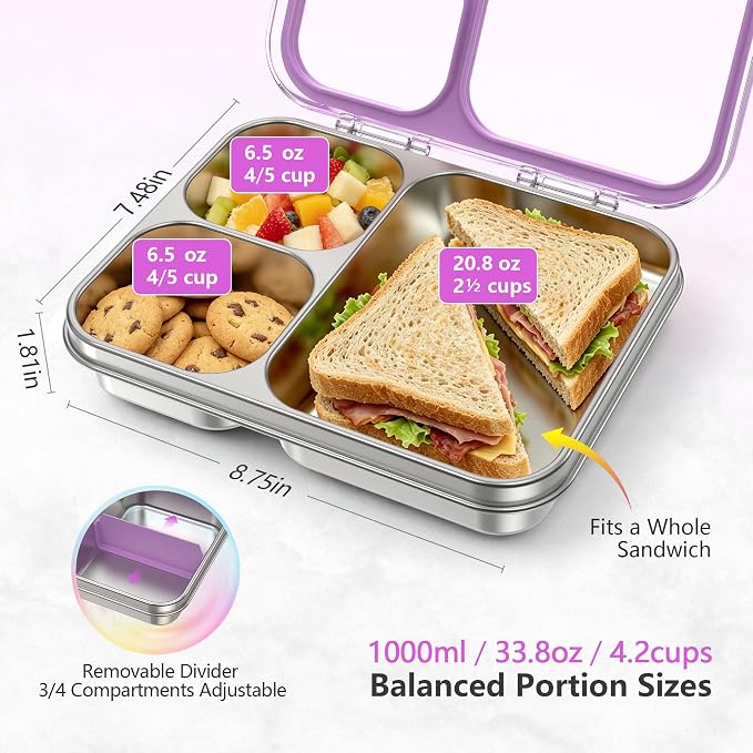 LOHASOK Stainless Steel Bento Lunch Box, 34oz/1000ml,Purple | 3-Compartment, Leak Proof, Lightweight, Clear Plastic Lid, for Kids Adults, BPA/BPS Free, Dishwasher Safe