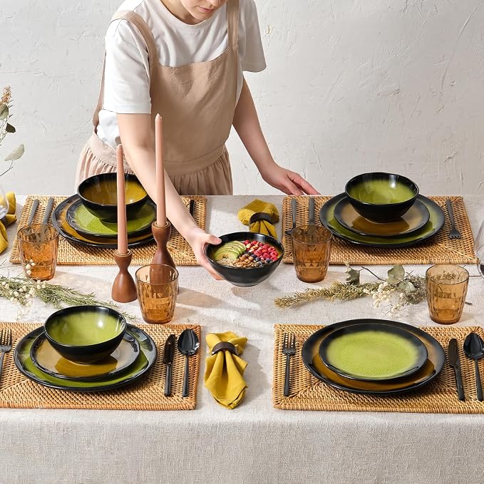 12-Piece Dinnerware Set for 4, Ice Crackle Glaze Plates & Bowls | Gradient Yellow to Black Ombre Dinner Dish Set, Microwave, Dishwasher & Oven Safe, Unique Holidays & Weddings Gift