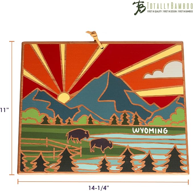 Totally Bamboo Wyoming State Shaped Cutting Board, Summer Stokes Art | State charcuterie board with colorful hand-drawn landscape art. Smooth reverse side for food prep. Hang tie for wall display.