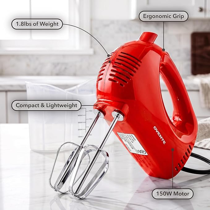 OVENTE 5-Speed Electric Hand Mixer with Storage Case,150W, Red HM151R | Stainless Steel Whisks, Compact Portable Design, Lightweight Handheld Mixer for Baking & Cooking
