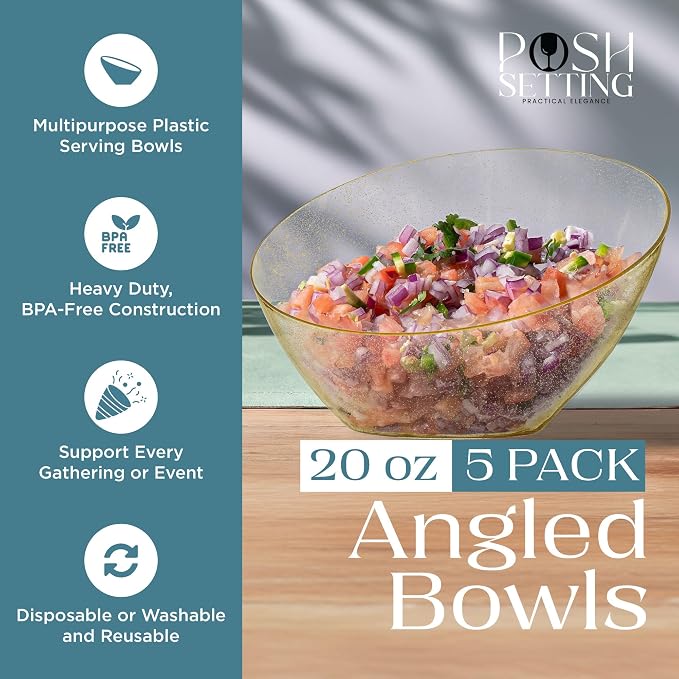 5 Pack Gold Angled Plastic Serving Bowl Disposable for Party Table 2oz | Angled Bowl Design. Chip, Candy, Salad & Fruit Use. Disposable Party Tableware. Buffet & Wedding Serving. Gold Plastic.