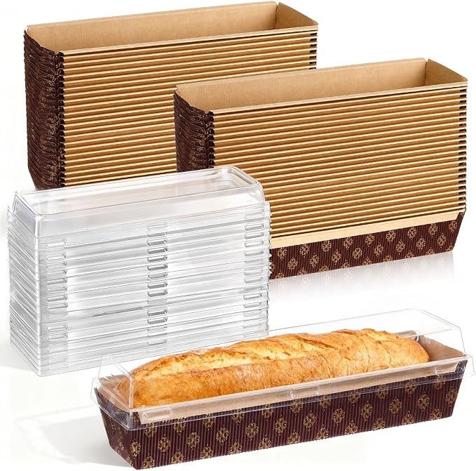 50 Pcs Paper Baking Loaf Pan with Lids Disposable Paper Pans Mold for Christmas Winter Birthday Cake Bread Bakery Holiday Gifts(10.24 x 2.56 x 1.97 Inches)