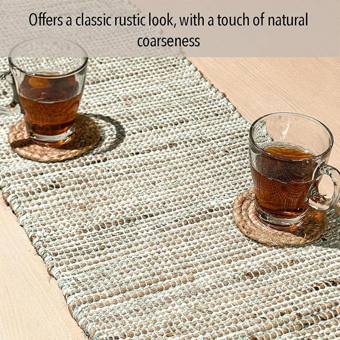Natural Jute Table Runner, 13x90 Inch, Sage Green-White | Vintage Boho Rustic Decor, Handwoven, Farmhouse Dining, Console Table Accent