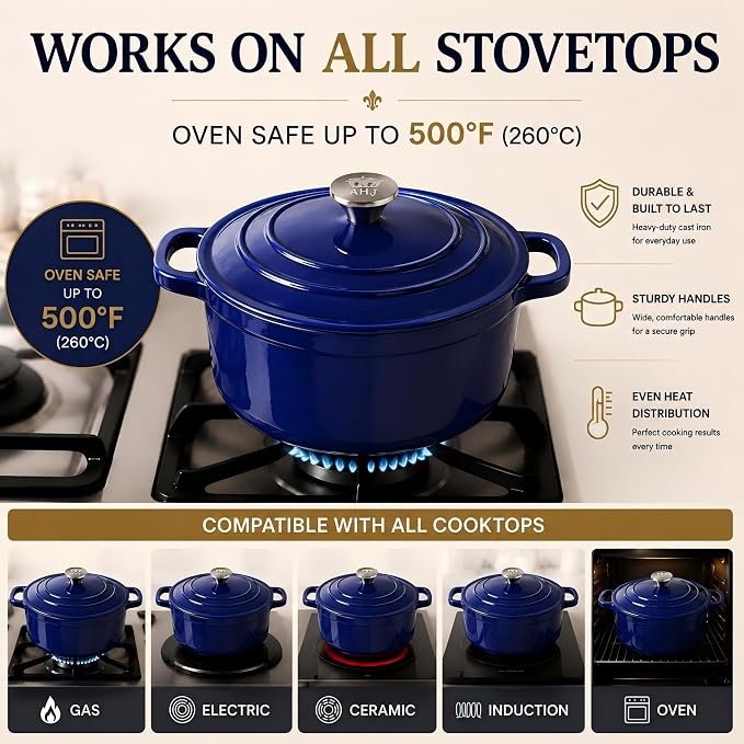AHJ Cast Iron Dutch Oven Set - 4 Piece Nesting Enameled Cookware with Lid | 4.8Qt 2.6Qt 1.3Qt Enameled Cast Iron Cookware Set for Sourdough Bread Baking, Slow Cooking, Stews, Braising & Roasting, Blue