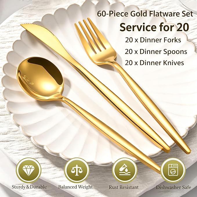 60-Piece Gold Silverware Set for 20, Food Grade Stainless Steel Flatware Set with Thickened Forks Spoons Knives, Mirror Polished Gold Cutlery for Wedding Party Restaurant, Dishwasher Safe