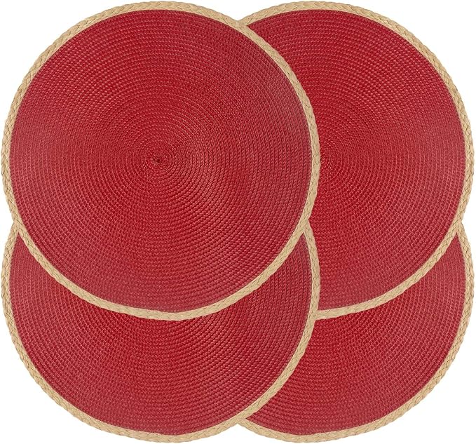 Round Placemats Set of 4, Woven Table Mats, Thin Edge, Red | Braided Paper Edge, 15 Inch Diameter, Fits Dinner Plate and Flatware, Wipeable, Heat Resistant, Indoor Dining, Outdoor Patio