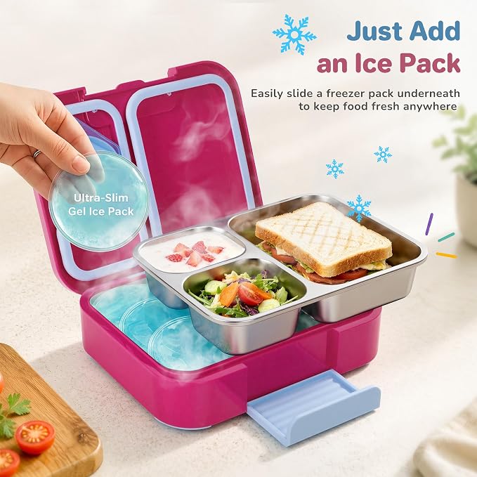 Bento Lunch Box for Kids, 3 Compartment 304 Stainless Steel Food Container with Handle & Spork, Kids Lunch Box Fits Ice Pack, BPA-Free, Rose Red
