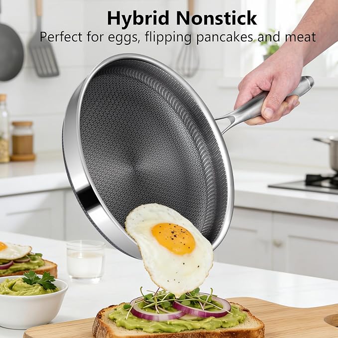 Frying Pans, 10-inch with Lid, Hybrid Frying Pans Stainless Steel Skillets, Dishwasher & Oven-Safe, Stay-Cool Handle, PFOA Free Cookware, Compatible with All Cooktops
