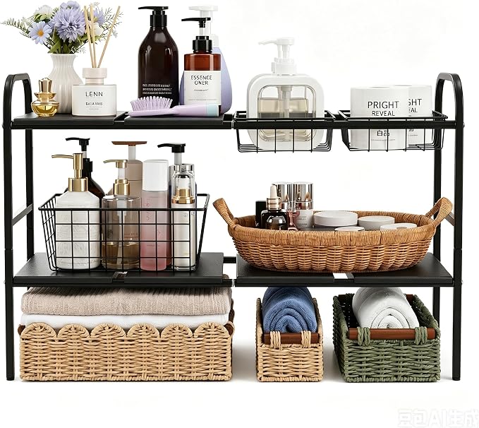 Expandable 2 Tier Under Sink Organizer, Black, 28.74-34.5 Inch Width | For Kitchen and Bathroom, 2 Storage Baskets, 6 Removable Panels, Adjustable Height Metal Shelf, Fits Pipes
