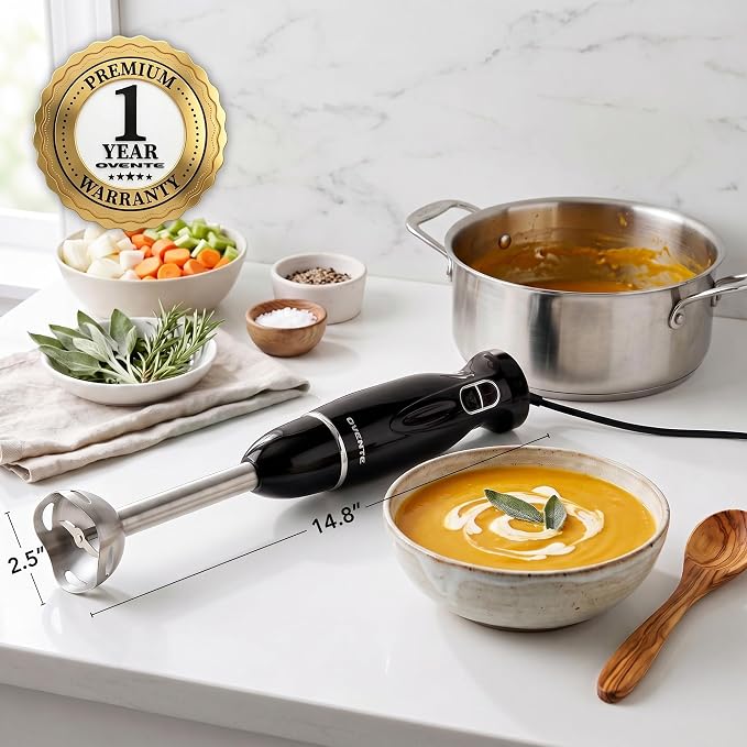 OVENTE Electric Corded Hand Blender, 300W with 2 Mixing Speeds Black HS560B | Handheld Immersion Stick Mixer with Stainless Steel Blades for Smoothies, Purees & Baby Food