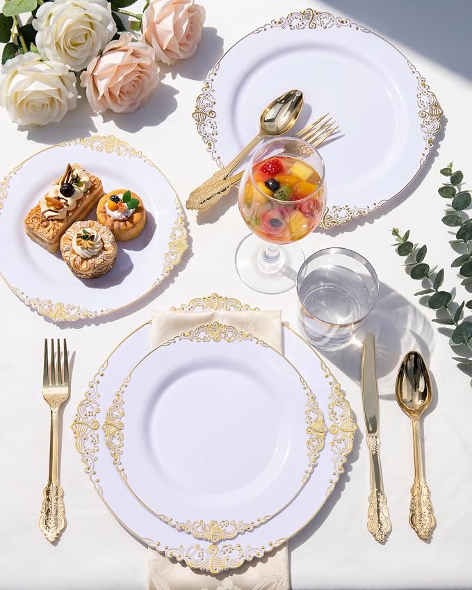Nervure 175Pcs Gold Plastic Plates, Disposable Dinnerware Set for 25 Guests | 25 7.5" Dessert & 25 10.25" Dinner Plastic Plate, 75 Silverware, 25 Cups, 25 Napkin for Wedding & Party, BPA-free, Heavy-duty