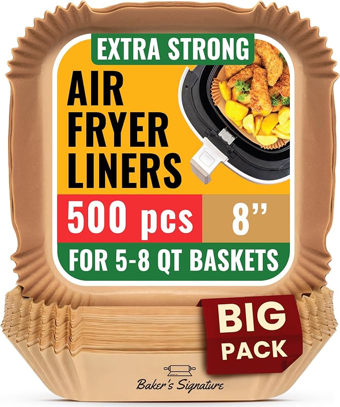 500Pcs Air Fryer Liners Disposable | Non-Stick and Oil Proof for Easy Cleanup Airfryer Liners, 8” Square for 5-8 qt Basket by Baker's Signature