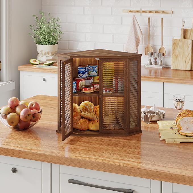 Extra Large Acacia Wood Corner Bread Box for Kitchen Countertop, 16.5 Inch Wooden Breadbox with Glass Wavy Door, Durable Grain Finish, Farmhouse Style Design (Acacia Wood)