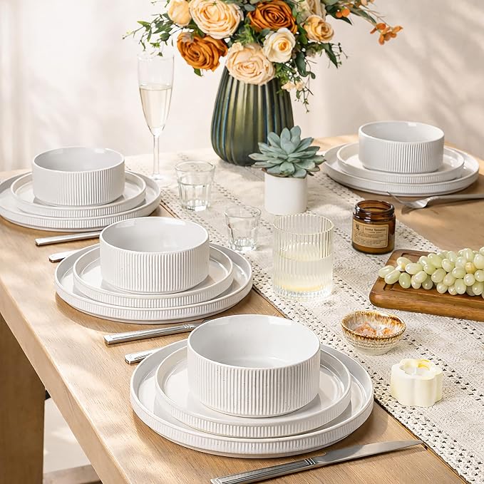 GBHOME Stoneware Dinnerware Sets for 4, 12 Pieces Plates and Bowls Set | Lightweight Ceramic Ribbed Dishes, Reactive Glaze Stackable Plate Set, Scratch Resistant, Microwave & Dishwasher Safe,White